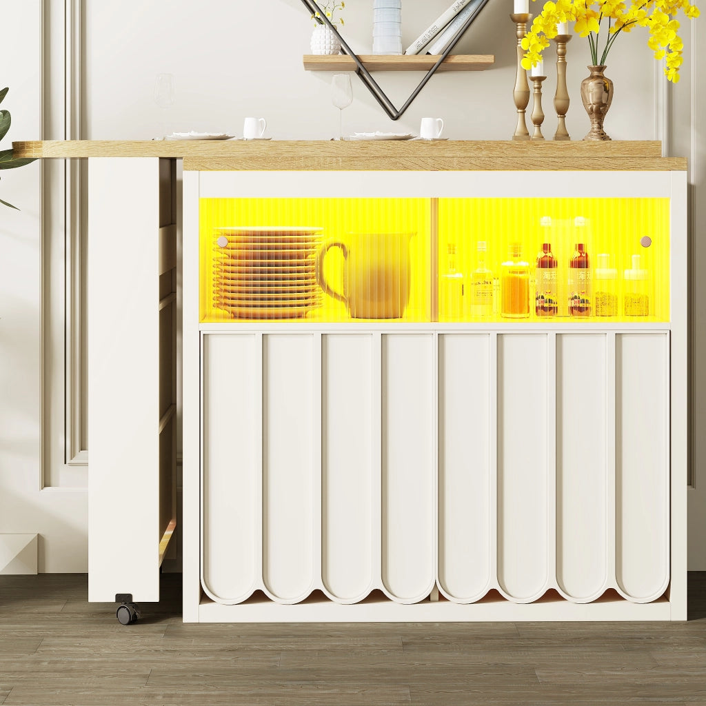 Tavolo bar allungabile con vano contenitore; LED e ruote con freno; per cucina e soggiorno; in MDF e vetro; 135-205 x 39 x 100 cm; Bianco