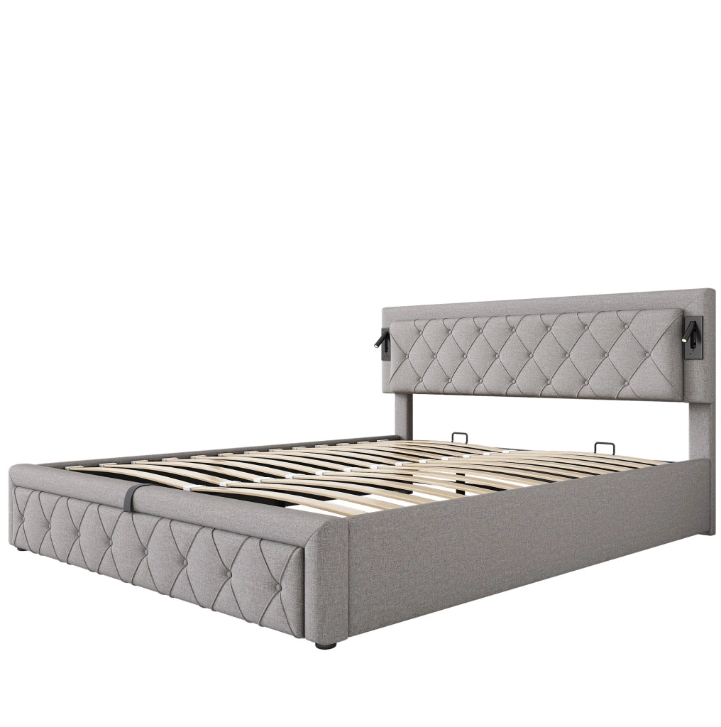 Letto matrimoniale imbottito con contenitore, LED e USB, struttura con rete in legno
