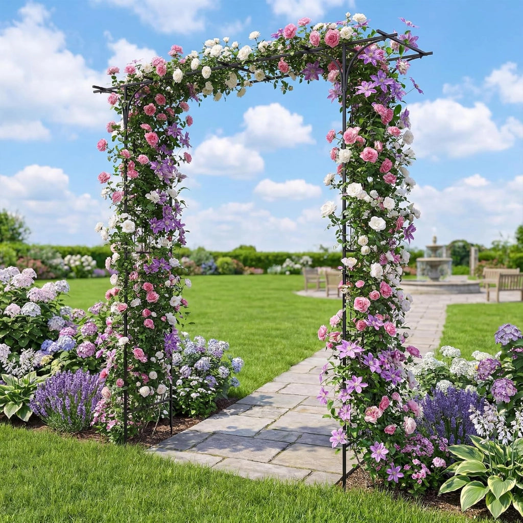 Arco da Giardino, Traliccio ad Arco per Rampicanti, 206x40,5x215 cm | Pergolato da Esterno in Metallo con Tetto Piatto e Elegante Motivo a Traforo per Matrimonio e Festa