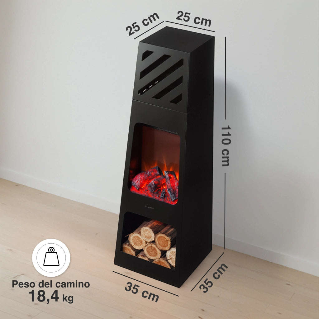 KAMINIO Caminetto elettrico da giardino KAI XL - Stufa de terrazzo  elettrico con riscaldamento, effetto fiamma 3D, luce ambiente a LED, scomparto de legno, telecomando - X-Large, Nero