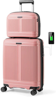 Valigia Bagaglio a Mano 20" con Beauty Case da Viaggio 14", Trolley Bagaglio a Mano con Lucchetto TSA, Porta USB, Ruote Girevoli e Manico Regolabile (Con Beauty + Rosa)