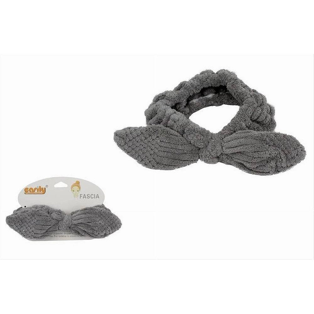 Trade Shop - Fascia Per Capelli Doccia Shampoo Trucco Spugna Con Fiocco Annodato Grigio 79617 -