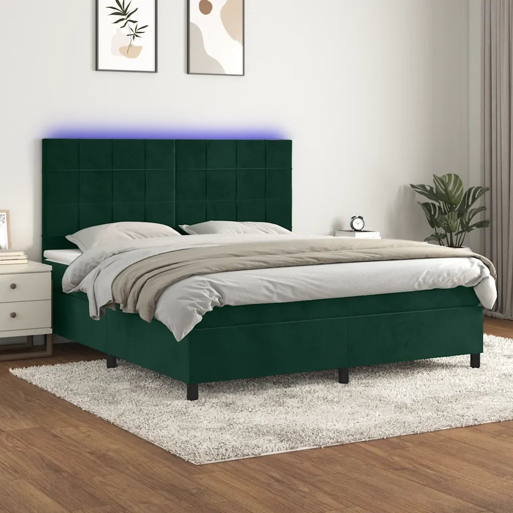 Letto a Molle con Materasso e LED Verde Scuro 160x200cm Velluto 3136134