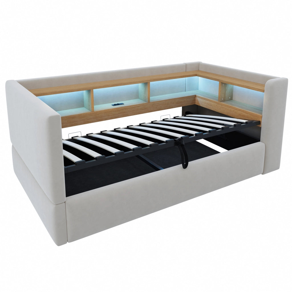 Divano letto con contenitore idraulico, LED e prese, 90x190 cm, grigio chiaro