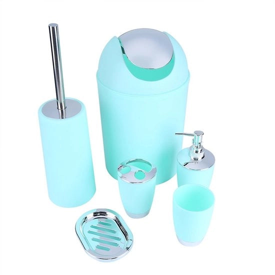 Set accessori bagno 6 pezzi - Bicchiere - Ospite per spazzola da denti - Contenitore per sapone - Flacone disinfettante per mani - Cestino per rifiuti - Accessori bagno