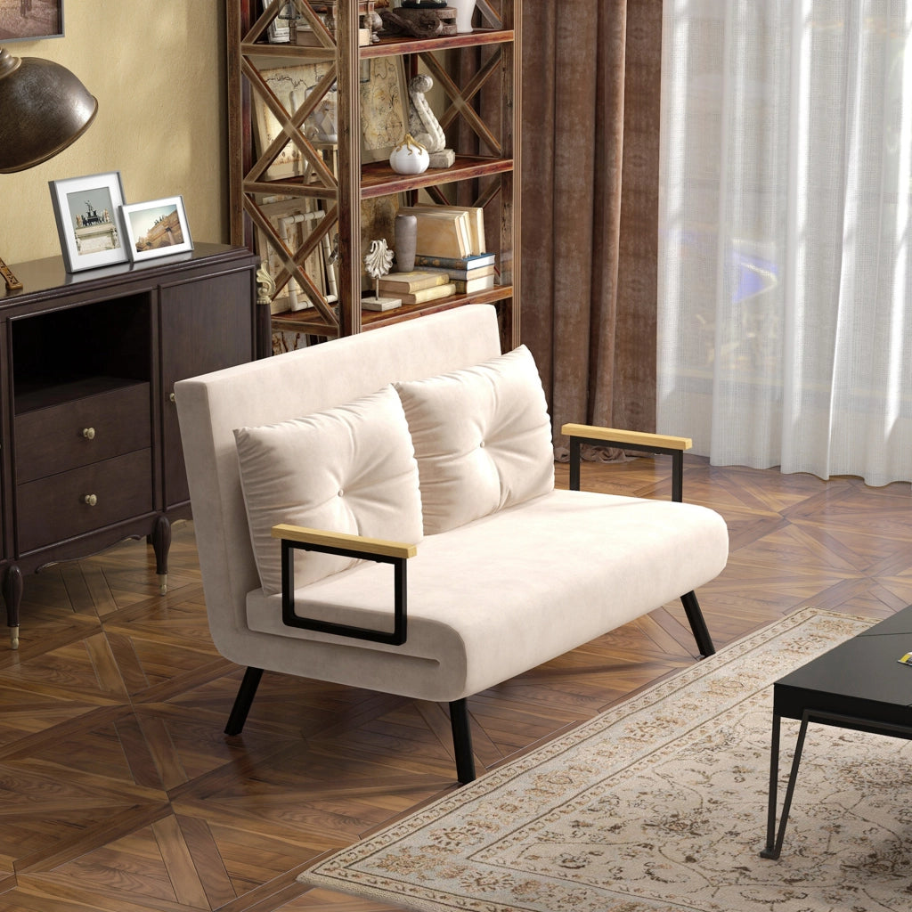 Divano Letto 3 Posti in Tessuto Effetto Velluto con Schienale Regolabile e Cuscini ¨C Zephmum ¨C 102x73x81 cm Beige