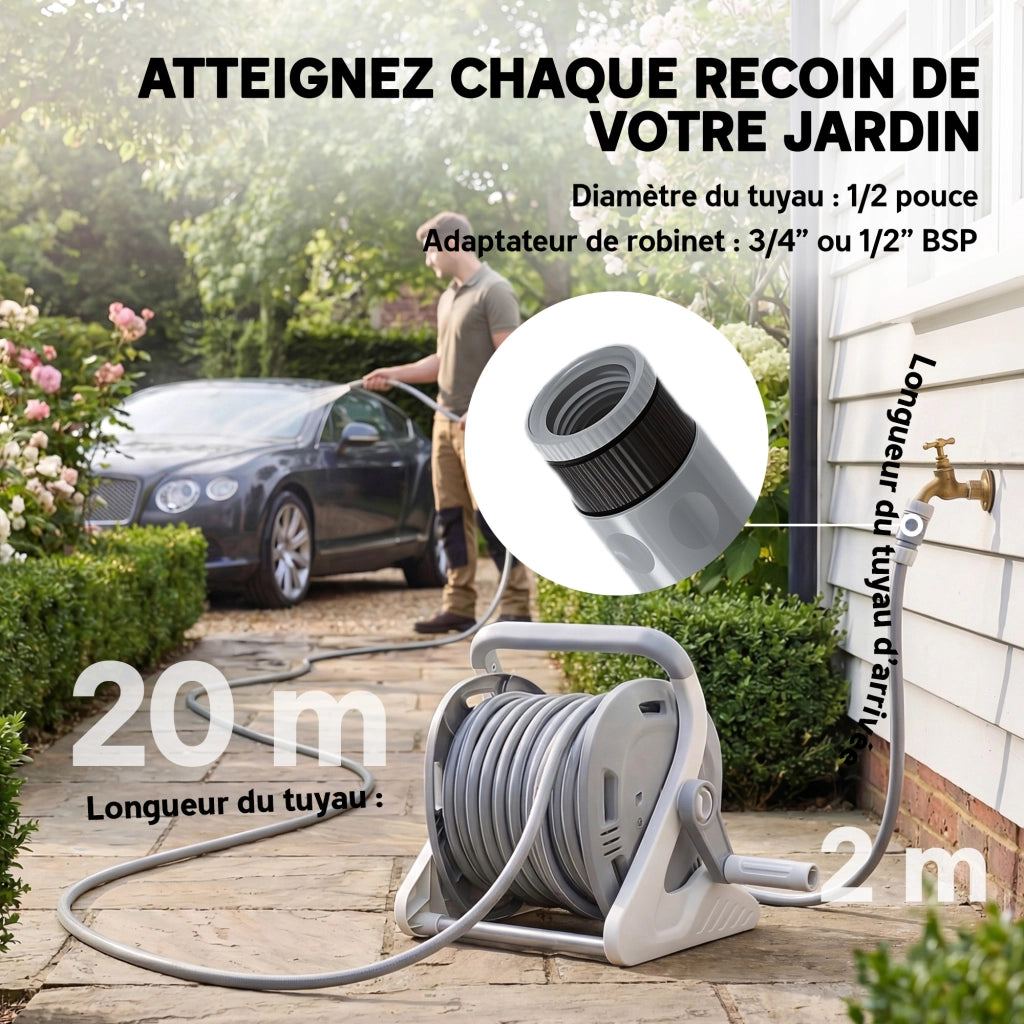 Avvolgitubo da Giardino a Muro 20+2m ¨C Xylo ¨C Grigio ? 15mm con Ugello 2 Modi