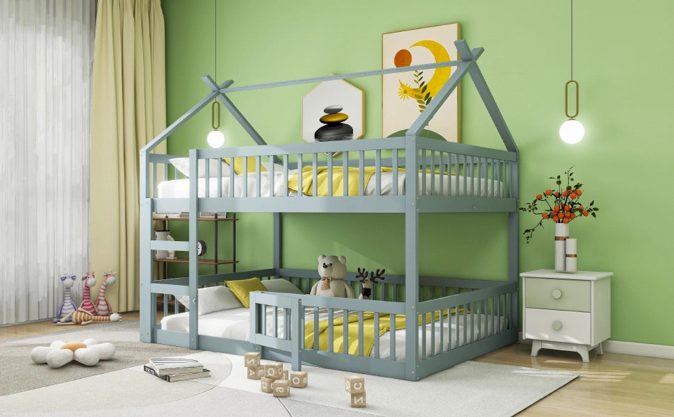 Letto a castello grigio con scala in legno massello 140x200 cm