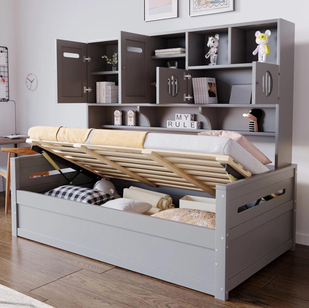 Divano letto singolo 90x200 cm con contenitore idraulico; in legno; grigio