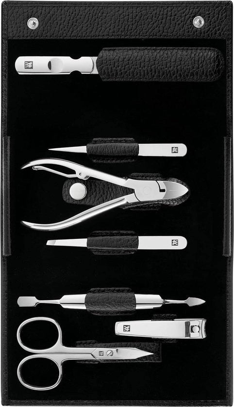 Set di manicure (7 pezzi set di pedicure con valigetta da viaggio per la cura delle unghie in pelle di vera pelle) - Acciaio inox lucidato nero