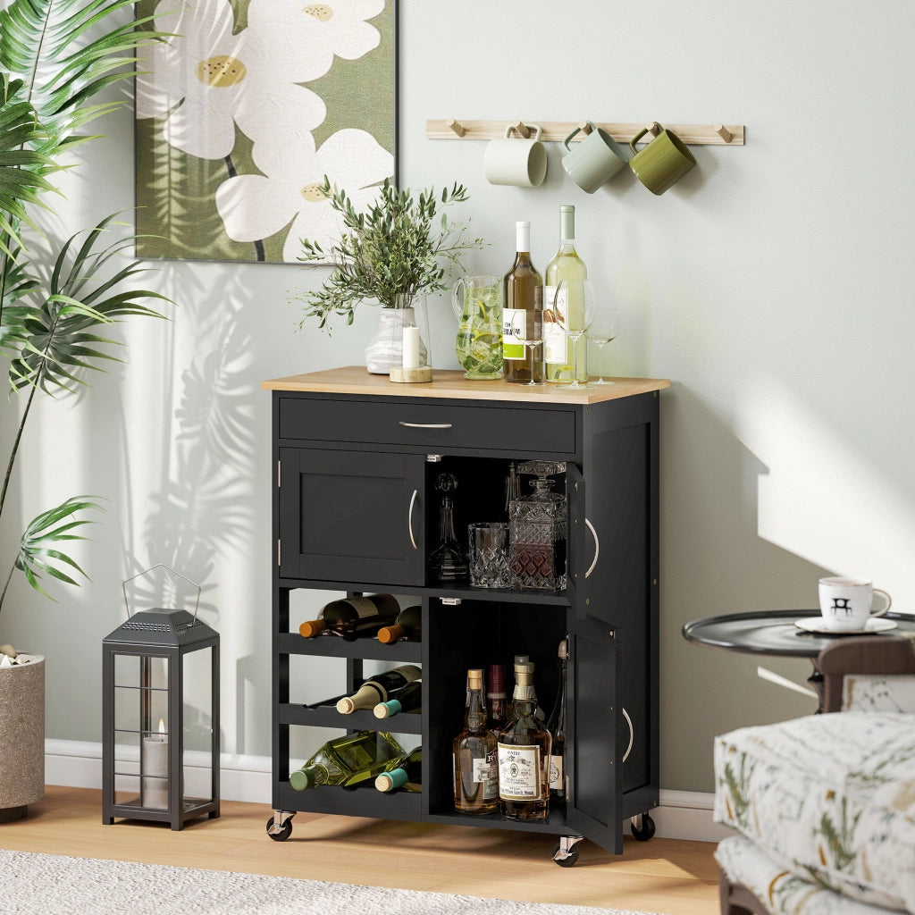 Carrello da Cucina con Portabottiglie ¨C Xylo ¨C Legno Nero e Rovere, 3 Ante e Cassetto, 67x37x87 cm