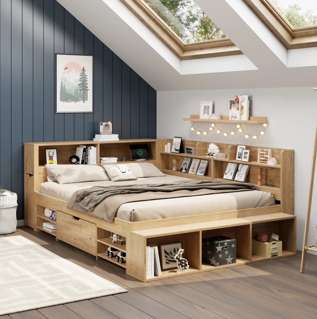 Letto per bambini 140x200 cm con cassetto; librerie e armadi contenitore in compensato; naturale