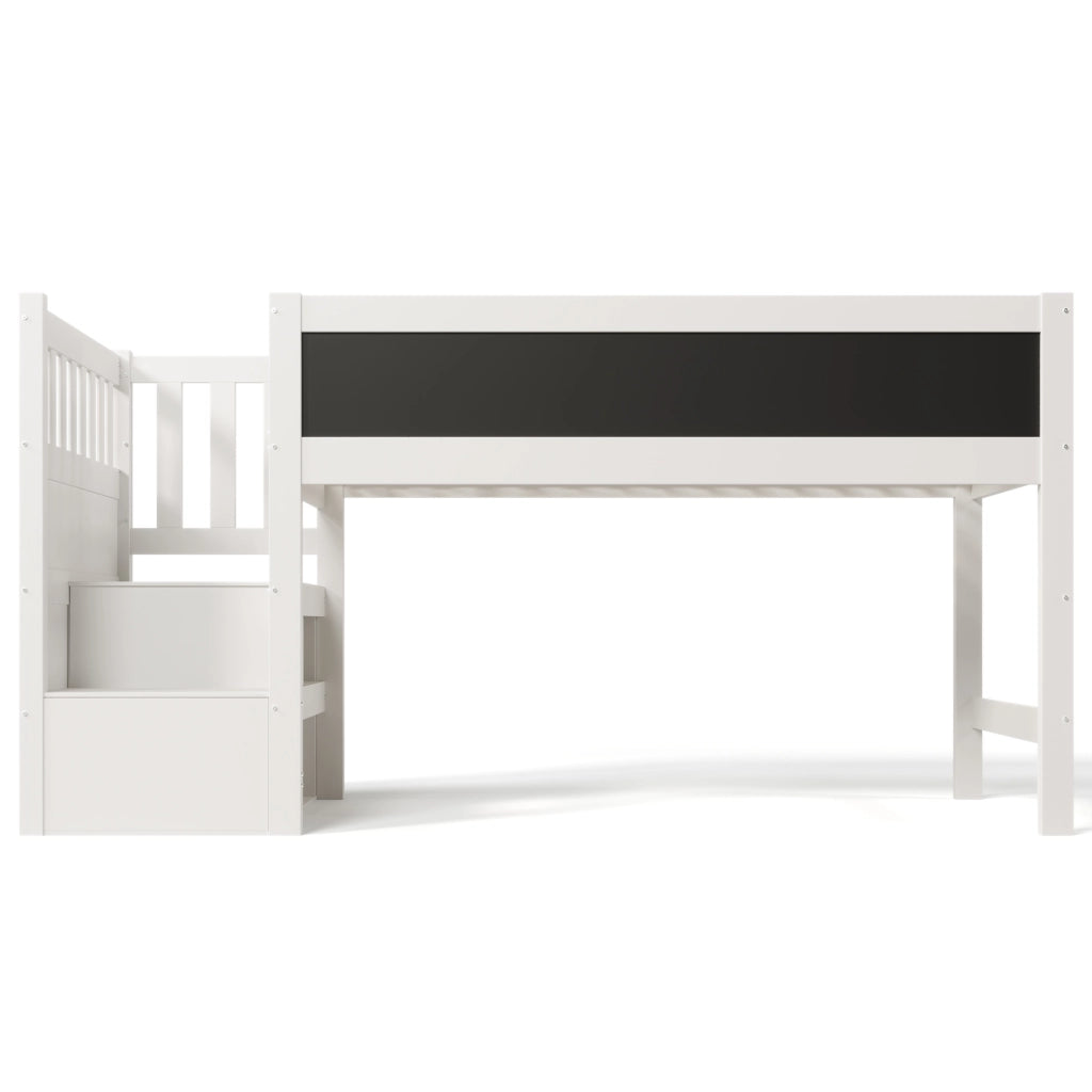 Letto a soppalco per bambini 90 x 200 cm con scala contenitore, lavagna e sponde di sicurezza, bianco
