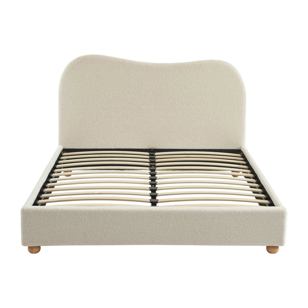 Letto con rete a doghe e testiera, bianco con finitura bouclé, bianco