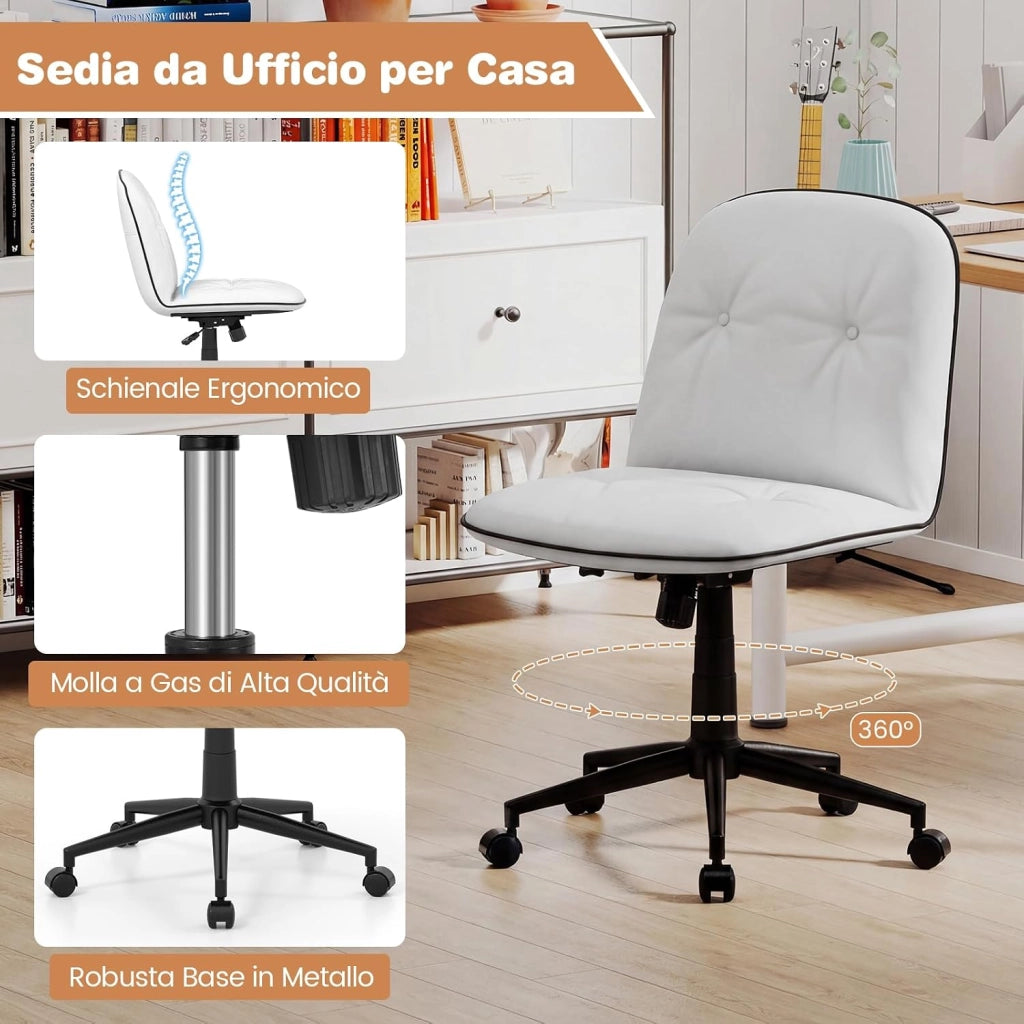 Sedia Scrivania Girevole a 360°, con Altezza Regolabile, Funzione Dondolo e Ruote Scorrevoli, Poltrona Ufficio Salvaspazio, Portata 112 kg (Bianco)