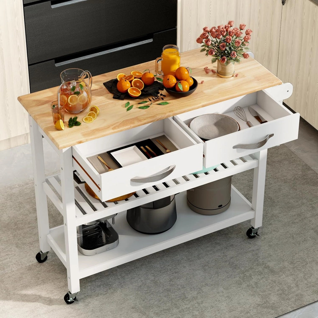 Carrello da Cucina con Ruote Multiuso, Mobile Cucina Salvaspazio in Legno, con 2 Cassetti e 2 Ripiani Aperti, Credenza per Sala da Pranzo, 116 x 43 x 89 cm (Bianco)