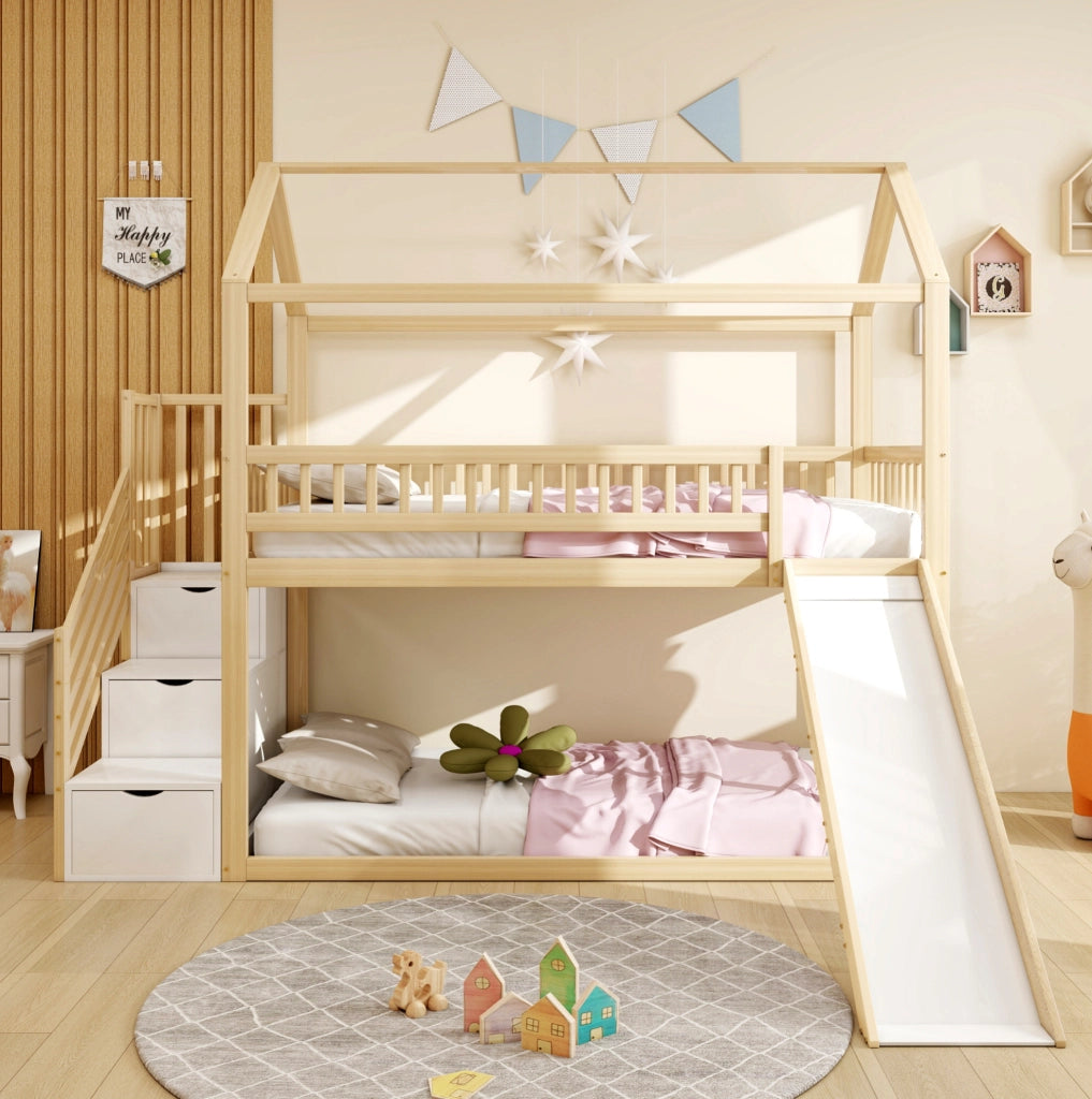 Letto a soppalco 90x200 cm in legno con scivolo e scala