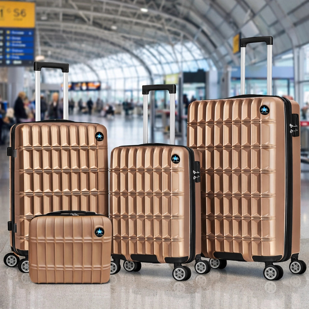 Set 3+1 Valigie Rigide e Beauty Case da Viaggio Rivestimento Resistente e Ruote Easy Roll Oro