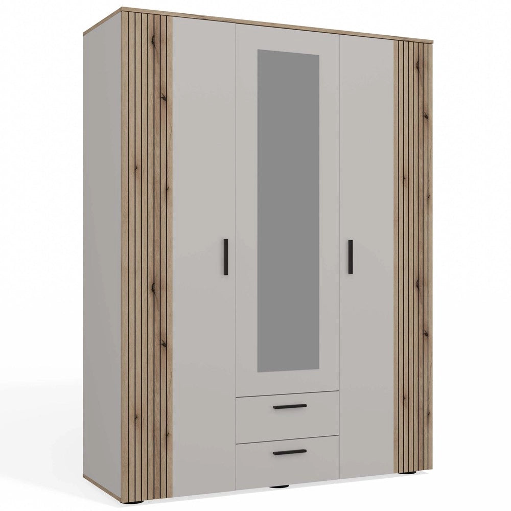 Armadio AVA 150 cm specchio 2 cassetti scanalato frontale rovere EVOKE cashmere beige guardaroba