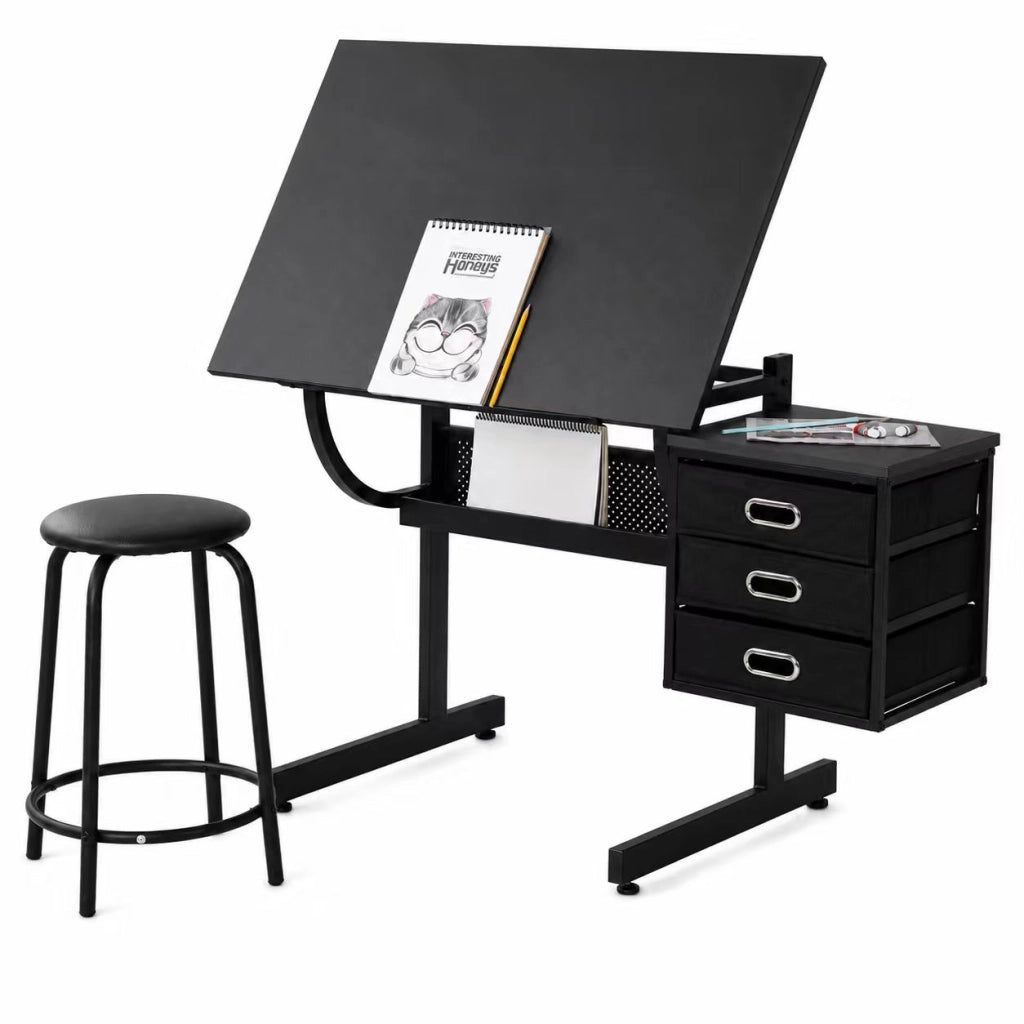 Tavolo da disegno nero con sgabello e 3 cassetti; MDF e metallo; piano inclinabile 0-75°