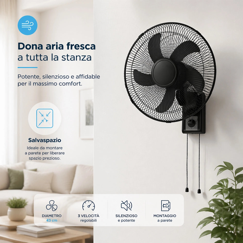 Ventilatore da Muro Ø43 cm Raffrescatore Silenzioso 65W 3 Velocità Installazione a Parete in Metallo Nero