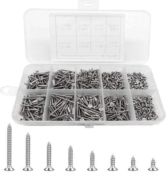 Assortimento viti a testa cruciforme in acciaio inossidabile con viti a piatto 4mm 5mm 6mm 8mm 10mm 12mm 16mm 20mm - 800 pezzi