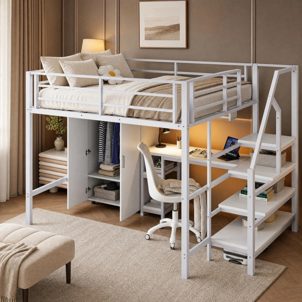 Letto a soppalco 140 x 200 cm con scrivania, armadio e scaffali bianco
