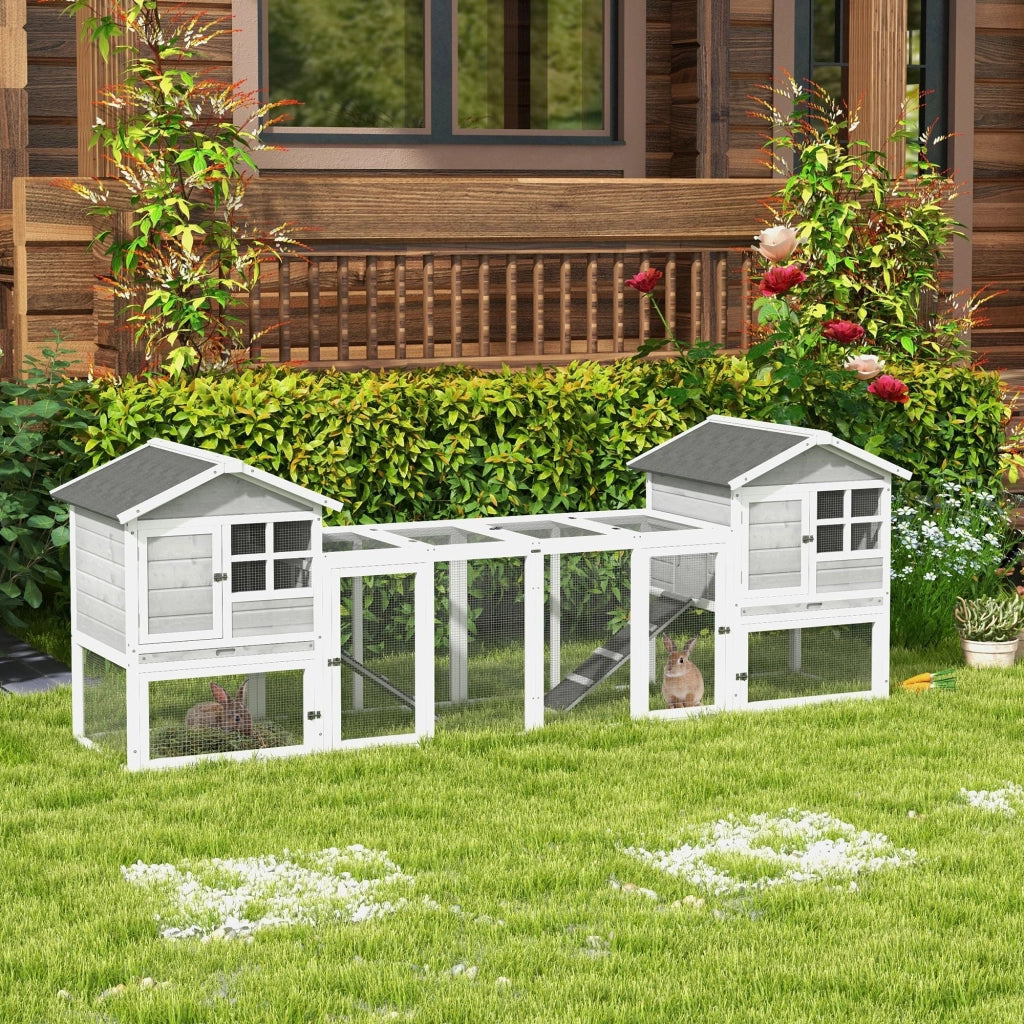 Gabbia per Conigli Conigliera 259x64x92 cm 2 Casette con Rampe Recintata in Legno Grigia