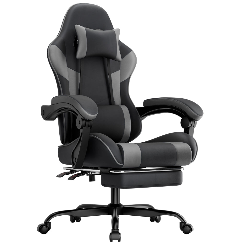 Sedia da ufficio gaming ergonomica con supporto lombare e poggiapiedi retrattile in PVC nero e grigio