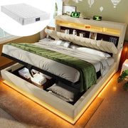 Letto contenitore imbottito ULEVR 160x200 cm con sollevamento idraulico, LED, USB e Type-C, materasso incluso, beige