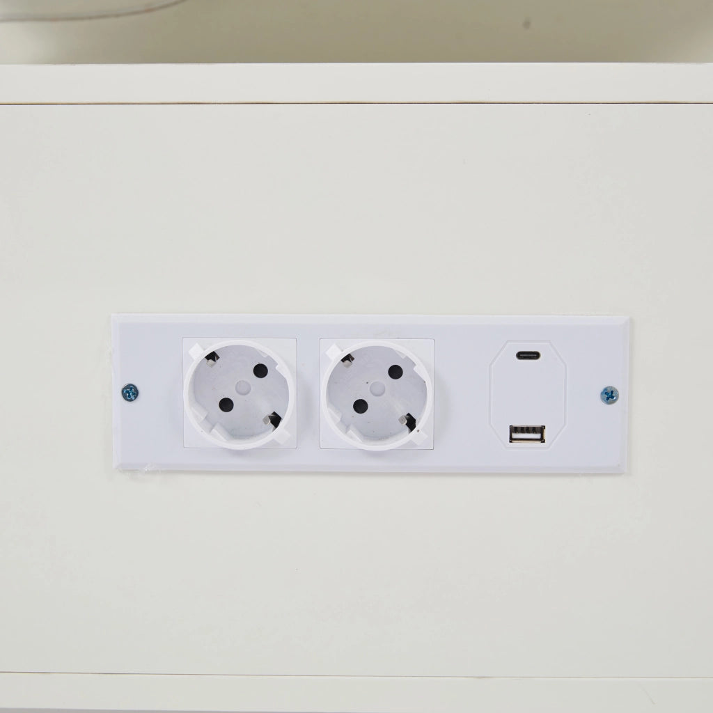 TAVOLO da caffè 100x50x43 cm Bianco lucido con LED, presa USB e ripiani