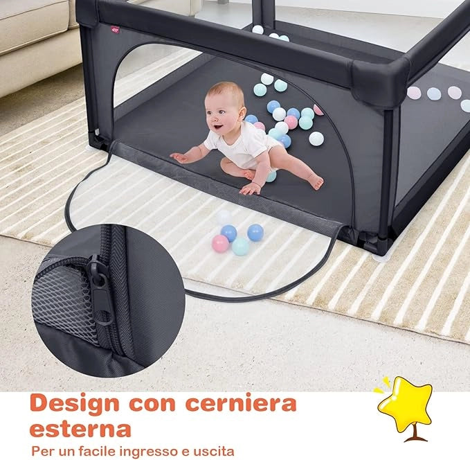 Box per Bambini, Centro Attività Portatile con Cancelli di Sicurezza, Recinto Resistente con Ventose Antiscivolo e Pareti a Rete Traspirante, Cancello per Giocare con 50 Palline (Grigio Scuro)