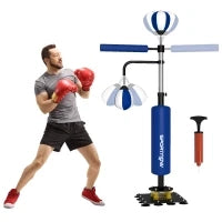 Sacco Boxe da Terra 4 in 1 con 2 Speedball, Barra Girevole e Sacco, Altezza Regolabile, in Acciaio, 107x36x140-205 cm, Blu