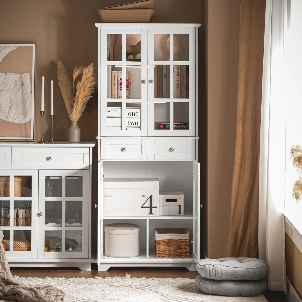 Credenza Alta Per Cucina Mobile Buffet In Legno Con 6 Scomparti E 2 Cassetti Armadio Dispensa In Stile Moderno Bianco 75x40x175cm FSB76-W