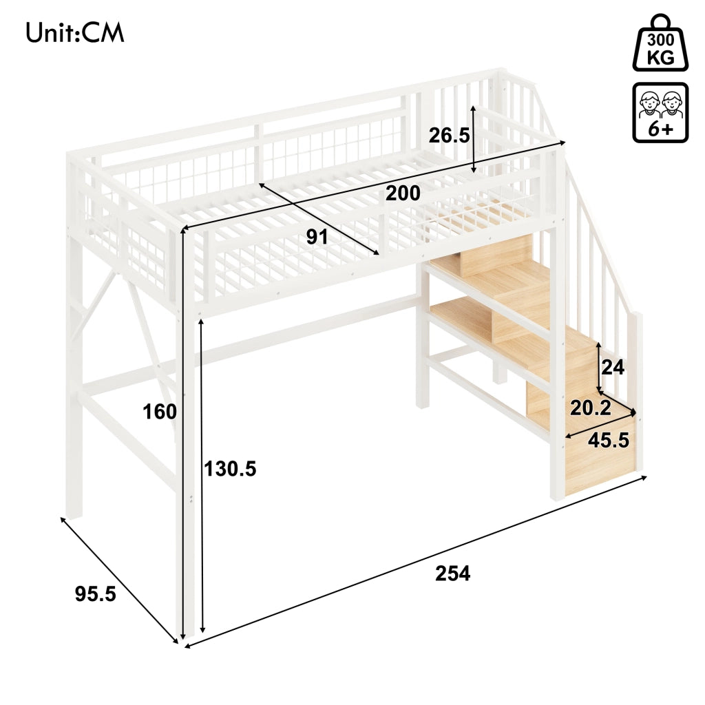 Letto a soppalco singolo 90×200 cm con LED e scale con vano contenitore; senza materasso; metallo; bianco