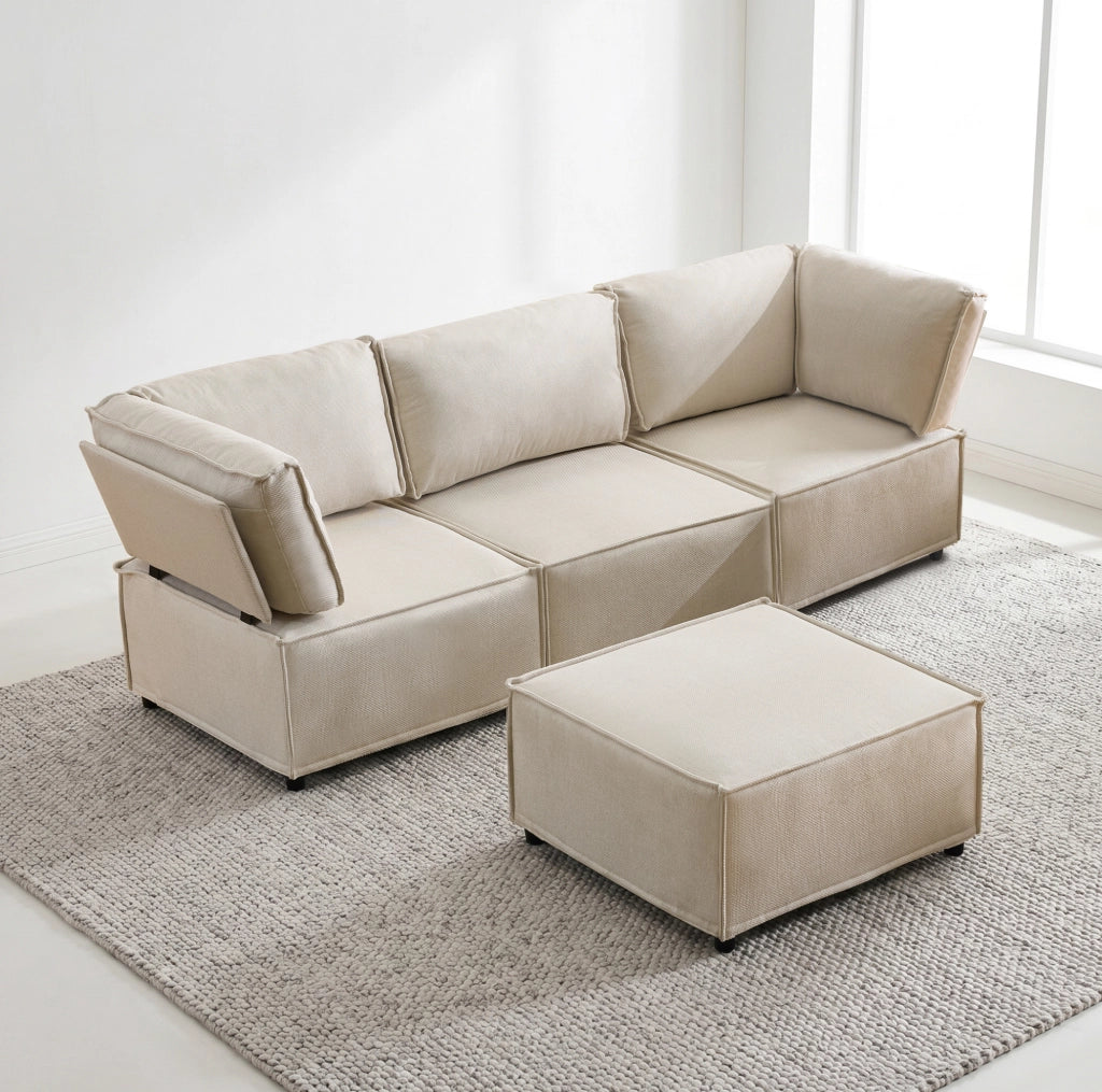 Divano modulare componibile in lino beige con struttura in legno, design versatile e adattabile per ogni ambiente