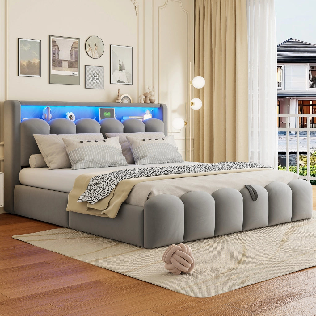 Letto matrimoniale imbottito 180x200 cm in velluto grigio con LED; USB; Type-C e contenitore