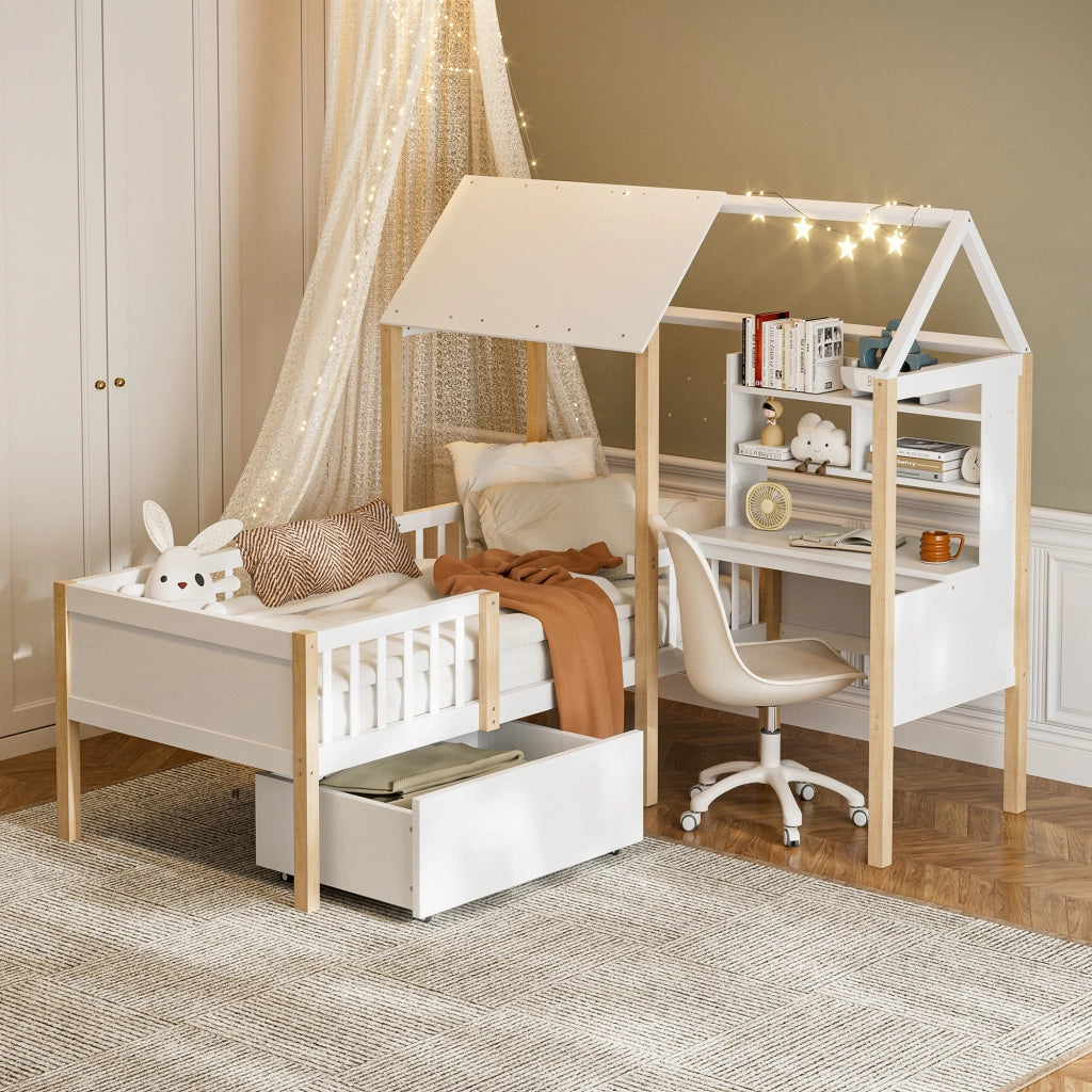 LETTO per bambini L 90x200 cm Bianco in legno massello e MDF con scrivania e libreria