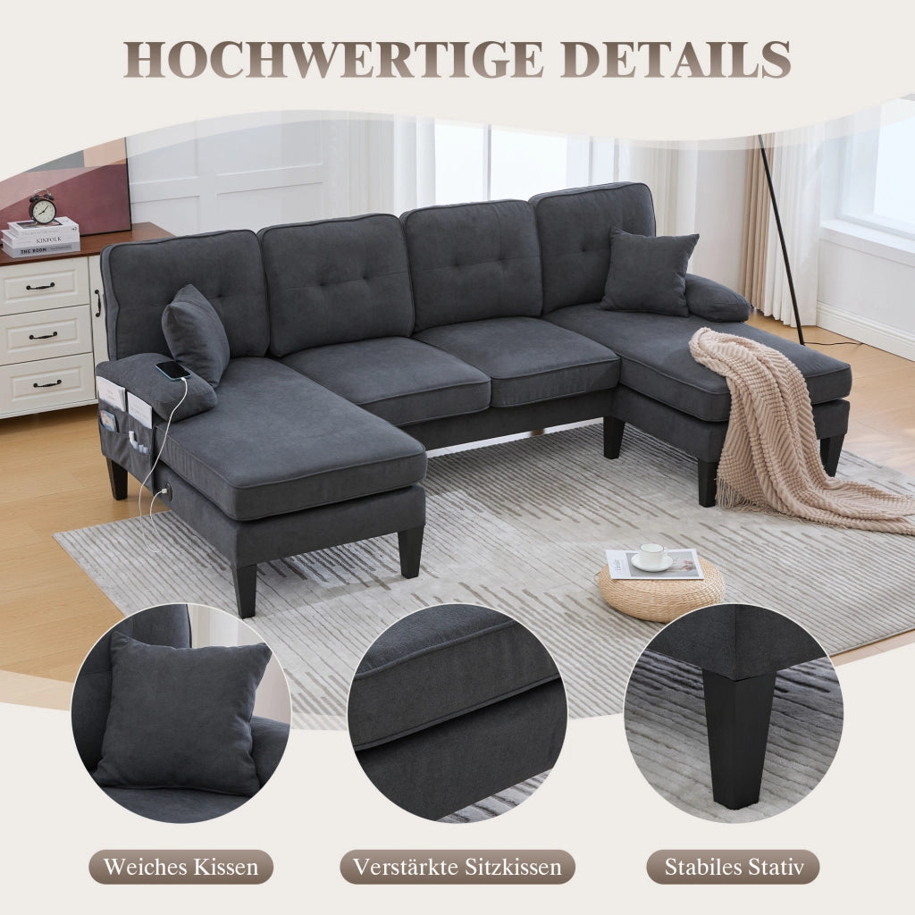 Divano a U a 4 posti in tessuto di lino con tasche laterali, porte USB tipo C e due chaise longue, grigio scuro