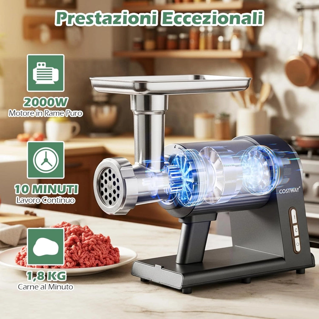 2000W Tritacarne Elettrico con Insaccatore per Salsicce, 3 Tubetti per Salsicce, 3 Dischi per Macinare, Kit Kibbe, Lama, Spingitore e Cassetto, Tritacarne in Alluminio per Cucina