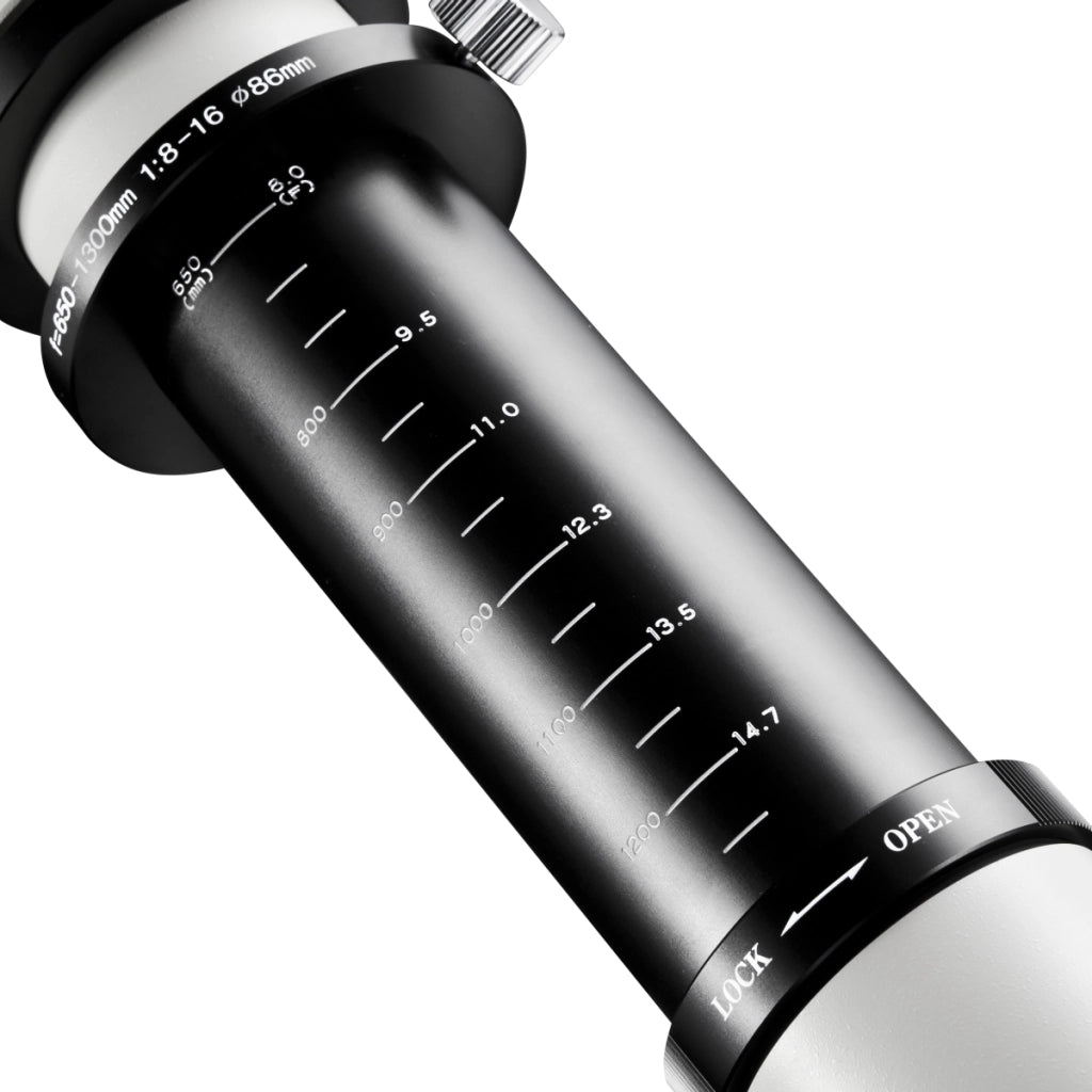 Teleobiettivo 650-1300mm 1:8-16 CSC per DSLR MFT – Zoom tele, focus manuale, per full-frame e APS-C – con coperchio e borsa di trasporto