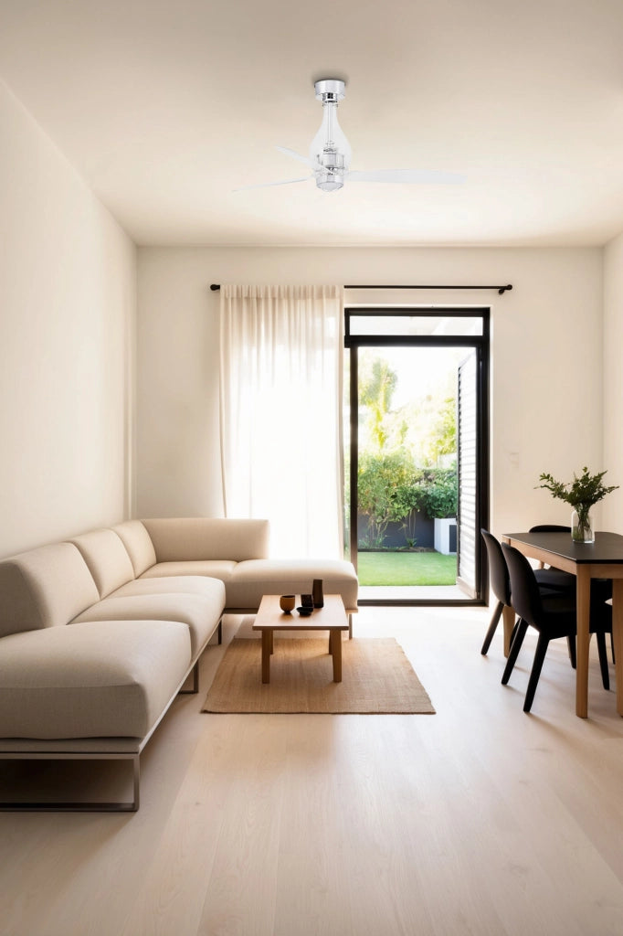 FARO Ventilatore da soffitto in cristallo trasparente con 3 pale diametro 128 cm consumo 13W luce calda 3000K design elegante materiali alta qualita resistenza per casa e ufficio modello Mini Eterfan