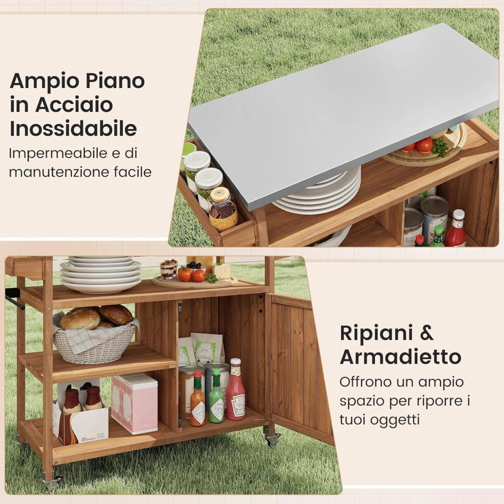 Carrello Barbecue in Legno, con Spazio di Conservazione, Isola da Cucina Esterna con Piano in Acciaio Inox, 3 Ripiani Aperti e Mobile, Porta Spezie, Porta Asciugamani, 118 x 47 x 92 cm