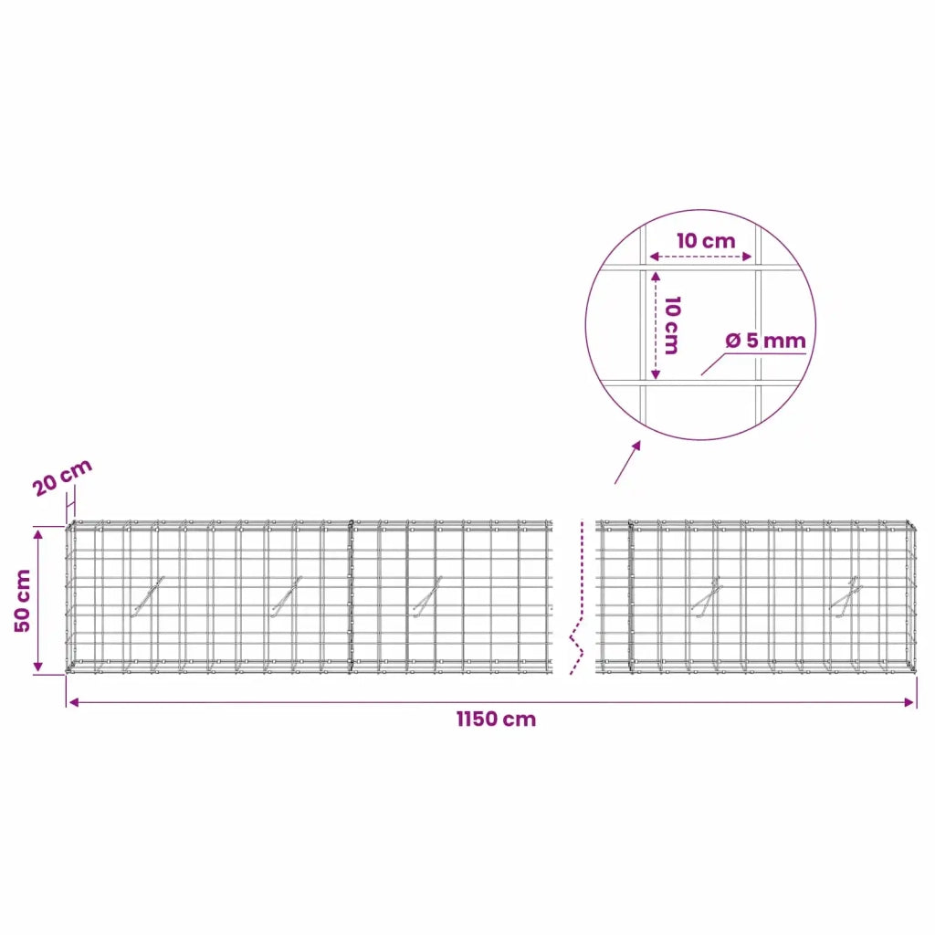 Gabione con filo da 5 mm e rete 10x10 cm 1150x20x50 cm 3465017