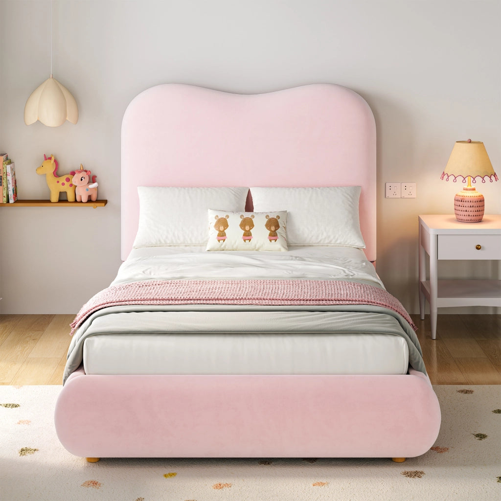 Letto imbottito singolo per bambini 90x200 cm in velluto rosa con contenitore idraulico e rete a doghe