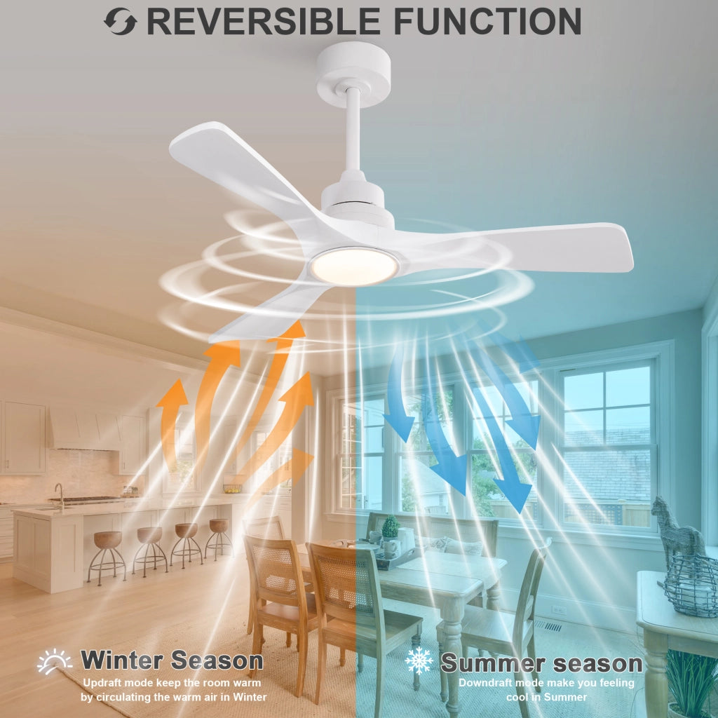 Ventilatore da soffitto bianco puro 42 pollici, 3 pale ad elica rinforzate in legno massello, motore DC reversibile silenzioso, design moderno