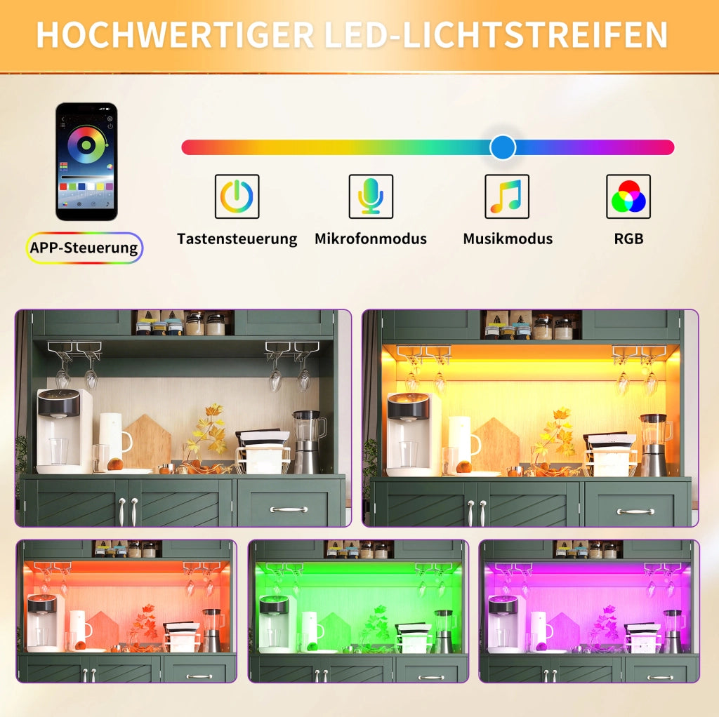 Credenza verde con LED, portabottiglie e 4 ante, 120x40x188 cm