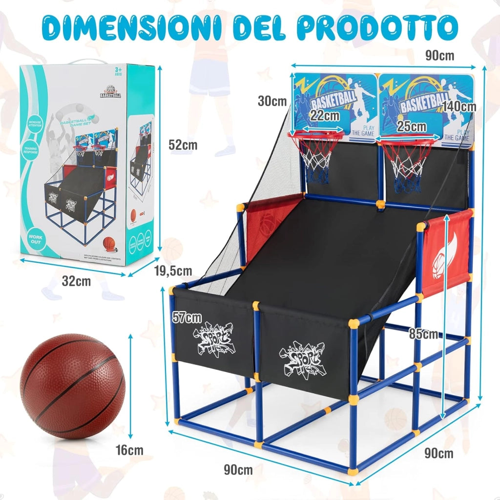 Canestro Basket da Camera per Bambini, Gioco Pallacanestro a Doppio Tiro con 4 Palline e Pompa di Gonfiaggio, Ideale per Sala Giochi e Cortile e Cameretta, 90 x 90 x 140 cm