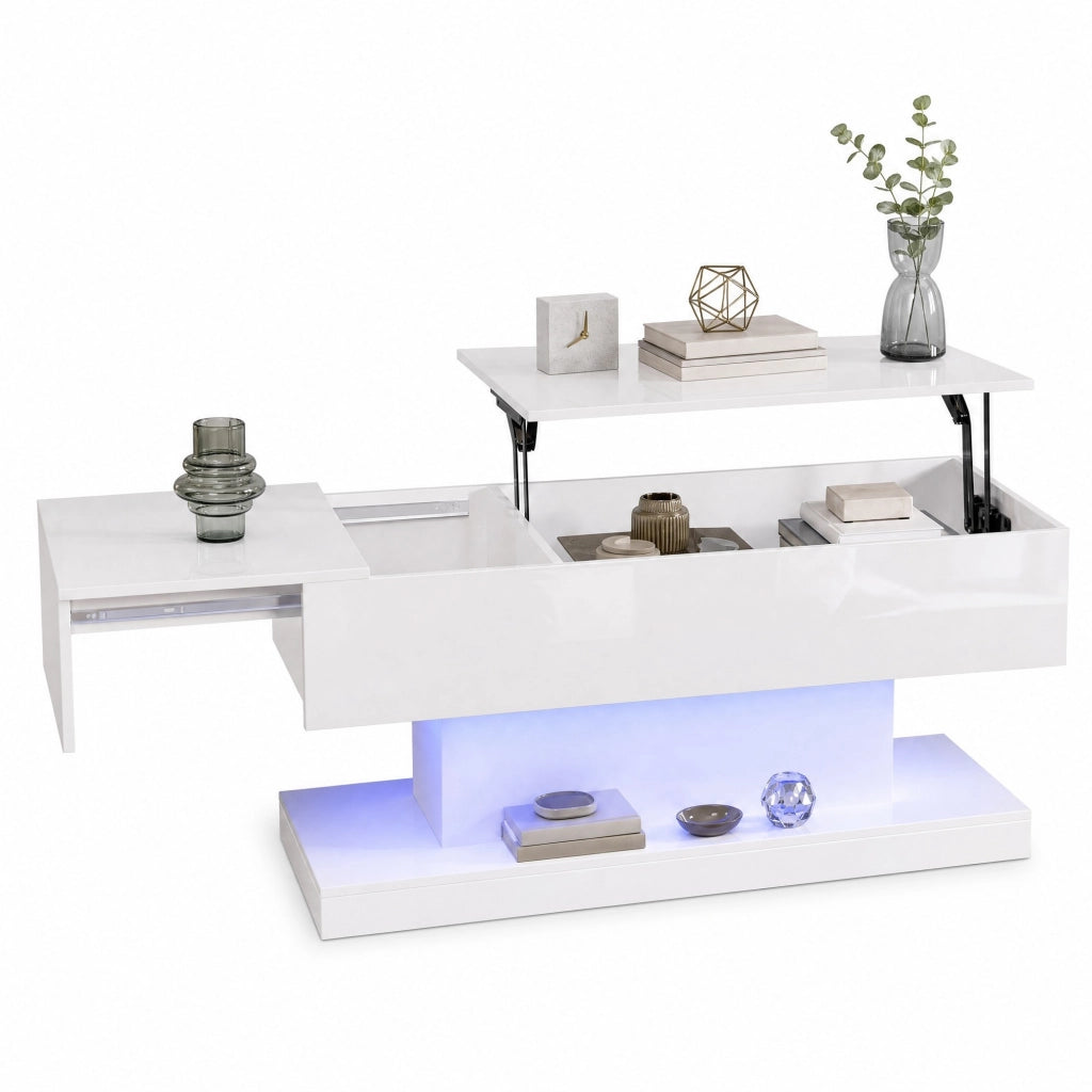 Tavolino da caff猫 con LED; piano sollevabile idraulico e scorrevole; 100x50x45 cm; bianco