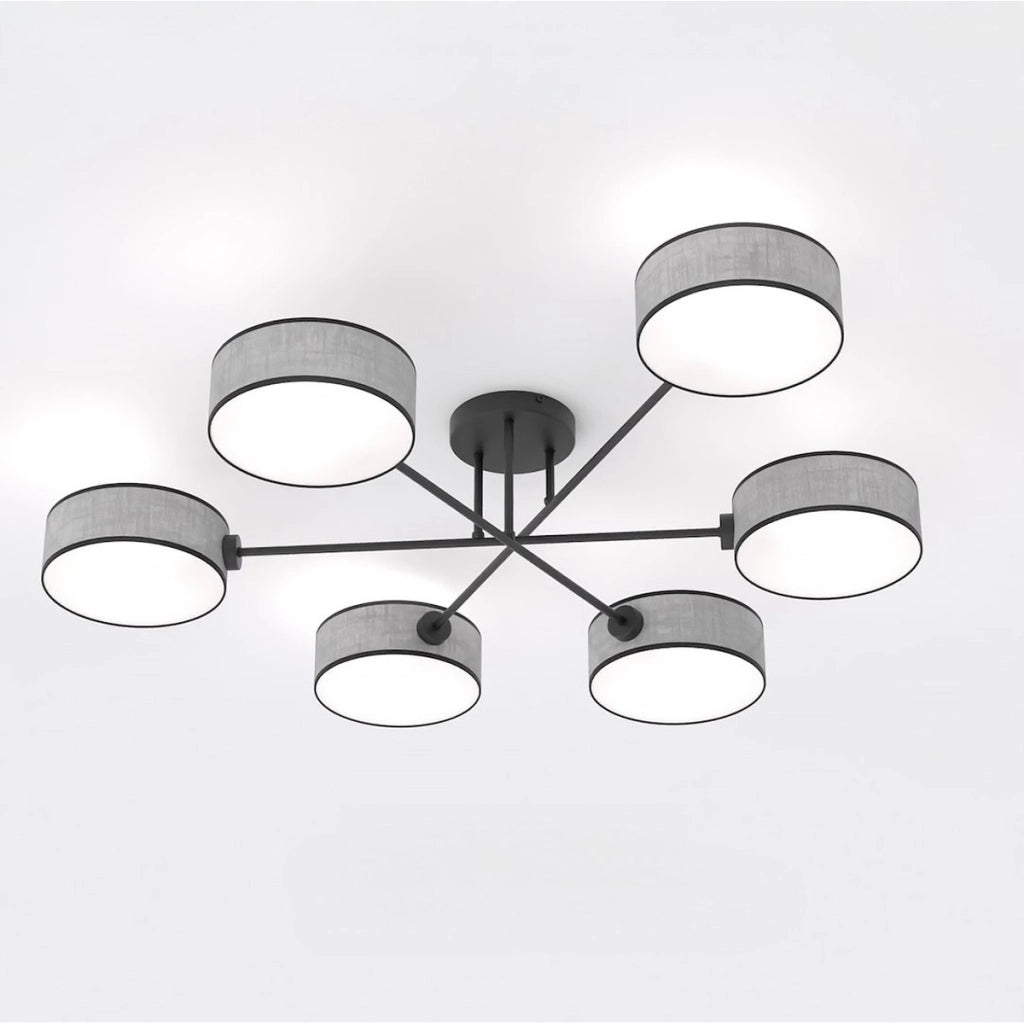 Lampada a sospensione Maga a sei bracci in acciaio nero e tessuto grigio